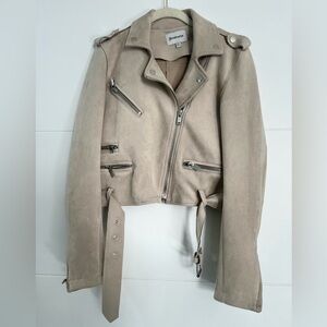 Stradivarius Tan Moto Jacket with Zipper Accents, Suede Feel, Women’s Size Small
